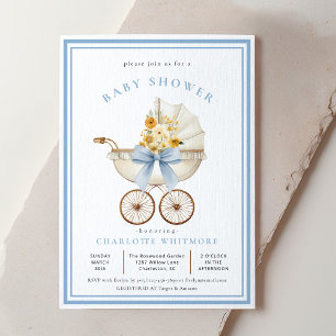 Invitation Fête de Bébé avec Landau Vintage Fleurs Bleu Ciel