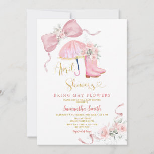 Invitation Fête de bébé avril Pluie Bottes et Parapluie Roses