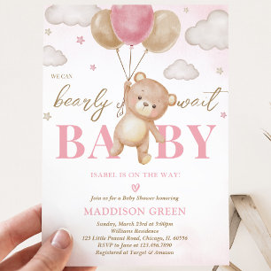 Invitation Fête de bébé ballon ours rose