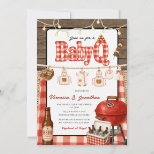 Invitation Fête de bébé BBQ Jardin Grill Rouge Gingham Bois