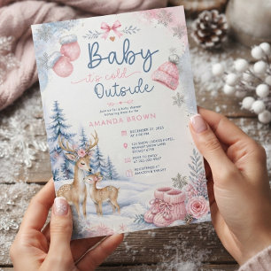 Invitation Fête de Bébé "Bébé Il Fait Froid Dehors" Cerf Bois