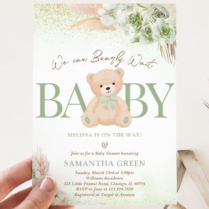 Invitation Fête de bébé bohème ours vert neutre