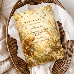 Invitation Fête de Bébé Bohème Vache Highland Rustique