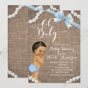 Invitation Fête de bébé Brunette Tan Burlap & Pearls Cordon B