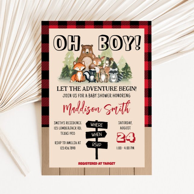 Invitation Fête de bébé bûcheron en forêt (Plaid Lumberjack Baby Shower Invitation )