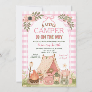 Invitation Fête de bébé campeuse fille à carreaux roses