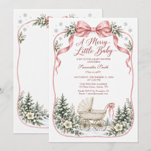 Invitation Fête de Bébé Carrosse Noël Ruban Rose Blush