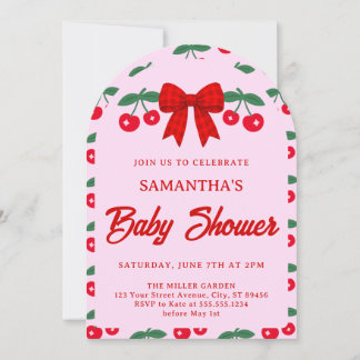 Invitation Fête de bébé Cerise avec un Nœud à Carreaux Rouges