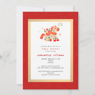 Invitation Fête de bébé Cheval Rouge Or de l'Année du Cheval