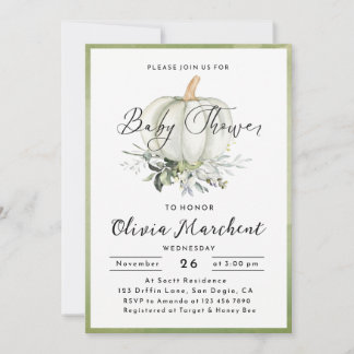 Invitation Fête de Bébé Citrouille Aquarelle Vert Sauge Rusti