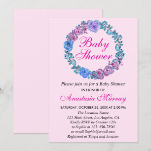 Invitation Fête de Bébé Couronne Florale Rose Violet Féminin