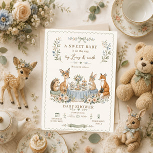 Invitation Fête de bébé dans les bois avec thé floral et anim