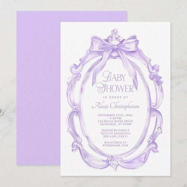 Invitation Fête de bébé élégante cadre + nœud violet (Devant / Derrière)
