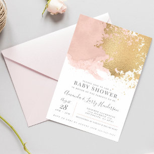 Invitation Fête de Bébé Élégante Rose et Aquarelle Dorée