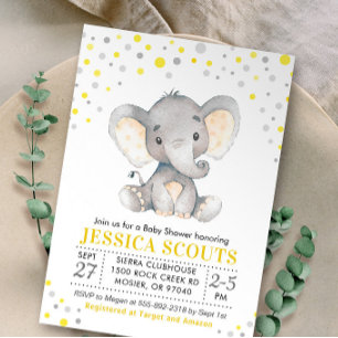 Invitation Fête de bébé éléphant à pois gris jaune neutre