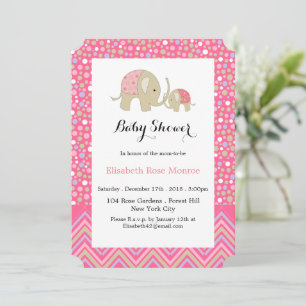 Invitation Fête de bébé éléphant bohémien rose et chevron