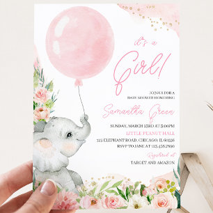 Invitation Fête de bébé éléphant floral rose