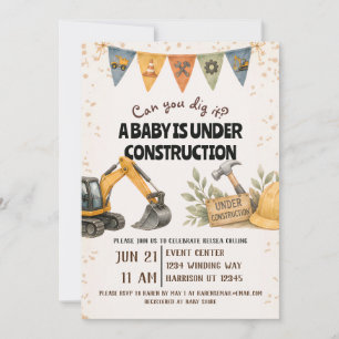 Invitation Fête de Bébé en Construction Dig It