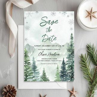 Invitation Fête de Bébé en Forêt d'Hiver Enregistrez la Date