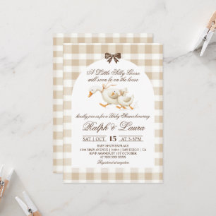 Invitation Fête de bébé en gingham neutre Silly Goose