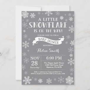 Invitation Fête de bébé en hiver Blanche et Grise Flocon de n