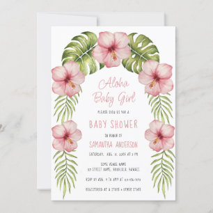 Invitation Fête de Bébé Fille Aloha Aquarelle Florale Tropica