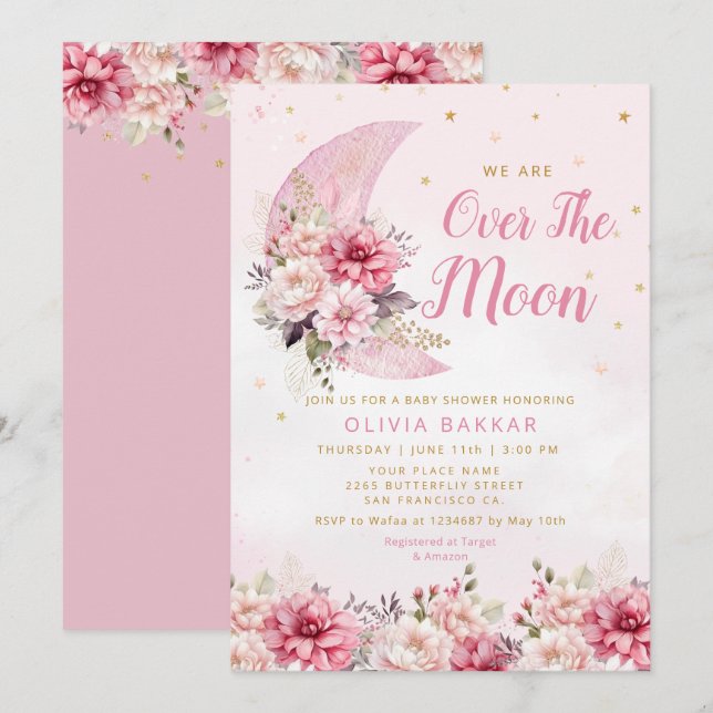 Invitation Fête de bébé fille aquarelle au-delà de la lune et (Devant / Derrière)