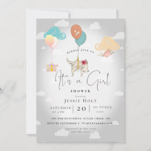 Invitation Fête de bébé fille au ballon en aquarelle Puppy