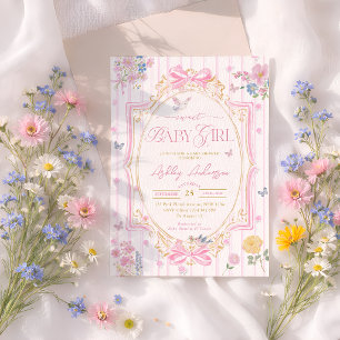 Invitation Fête de Bébé Fille au Ruban Floral Coquette
