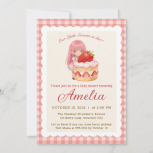 Invitation Fête de Bébé Fille au thème de Fraise Douce Aquare