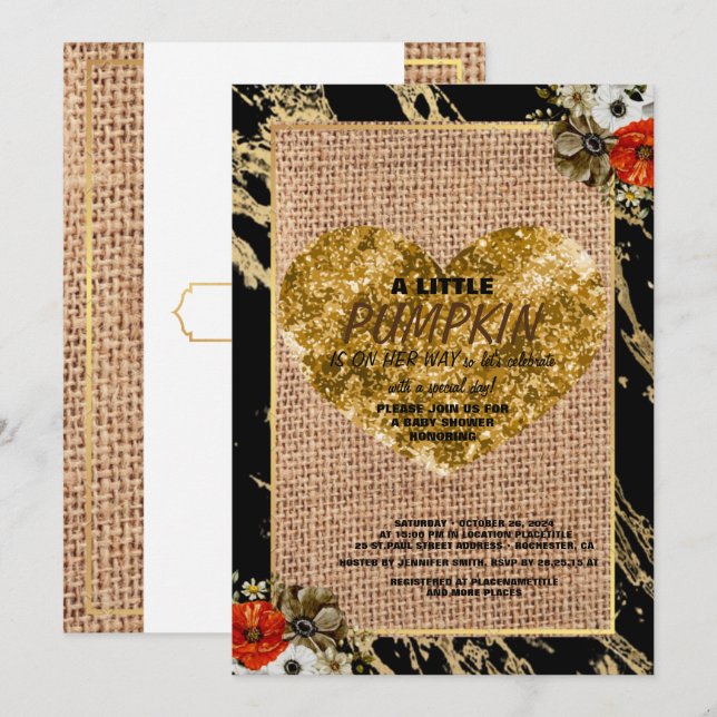 Invitation Fête de bébé fille automne citrouille toile de jut (Devant / Derrière)