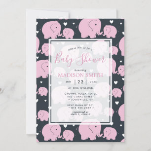 Invitation Fête de Bébé Fille aux Éléphants Roses Mignons