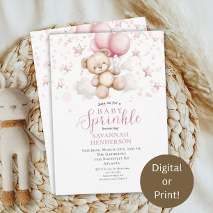Invitation Fête de bébé fille avec ballon en forme d'ours en
