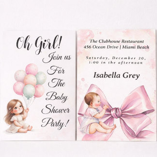 Invitation Fête de bébé fille avec un nœud rose et des ballon