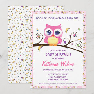 Invitation Fête de Bébé Fille Chouette Capricieuse Gribouilla