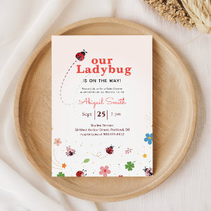 Invitation Fête de Bébé Fille Coccinelle Fleur Sauvage