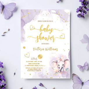 Invitation Fête de bébé fille éléphant rose violet