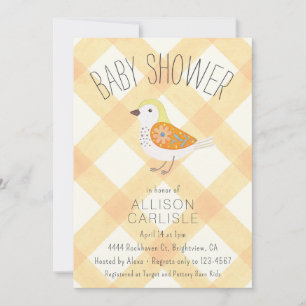 Invitation Fête de bébé Fille Gingham Floral Oiseau 010