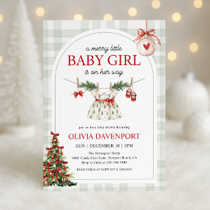 Invitation Fête de Bébé Fille Gingham Noël Merry Little Girl