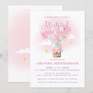 Invitation Fête de Bébé Fille Licorne Montgolfière