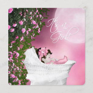 Invitation Fête de Bébé Fille Lune Rose