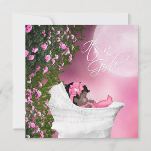 Invitation Fête de bébé fille Lune Rose