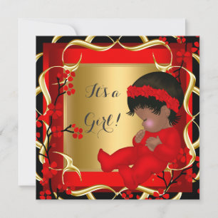 Invitation Fête de bébé Fille Mignonne Fleur Rouge Dorée AM 3