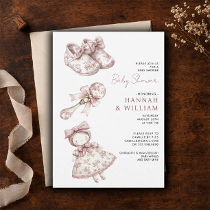 Invitation Fête de Bébé Fille Nursery Vintage Toile Rose