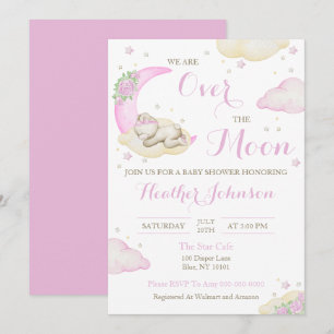 Invitation Fête de Bébé Fille Ours Au-Dessus de la Lune