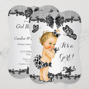 Invitation Fête de bébé fille Papillon Noir Blanc Blonde
