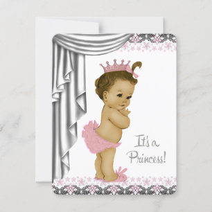 Invitation Fête de bébé fille princesse rose et grise