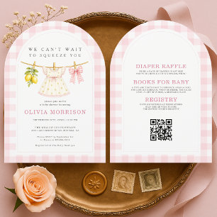 Invitation Fête de bébé Fille Rose Corde à Linge Citron