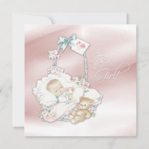 Invitation Fête de Bébé Fille Rose Douce Vintage