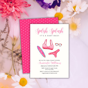 Invitation Fête de Bébé Fille Rose Splish Splash Surf Plage